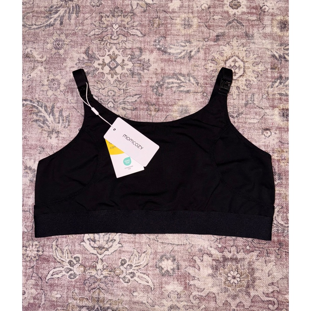 Momcozy Hands Free Pumping Nursing Bra Black XL Cotton Spandex Adjustable Straps